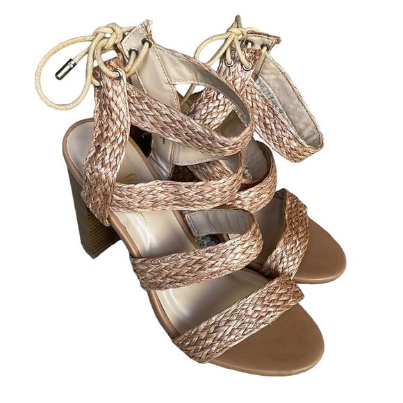 Lulu’s Marlena Woven Straw Sandals Shoes Ultra High Heels Lace / tie back - Picture 1 of 14